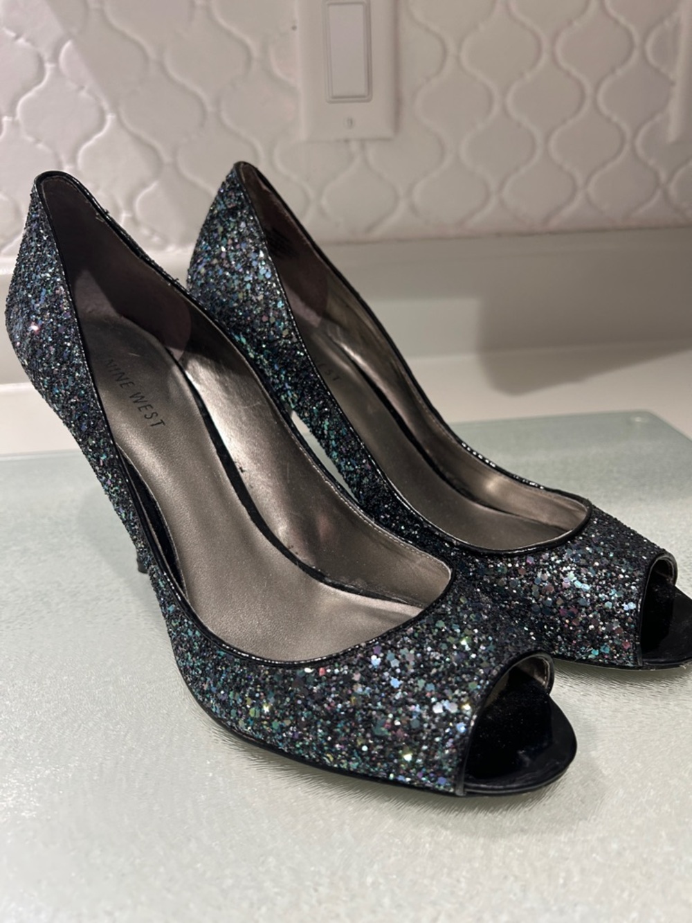 Nine West Glitter Peep-Toe Heels in Black Multi-Glitter
